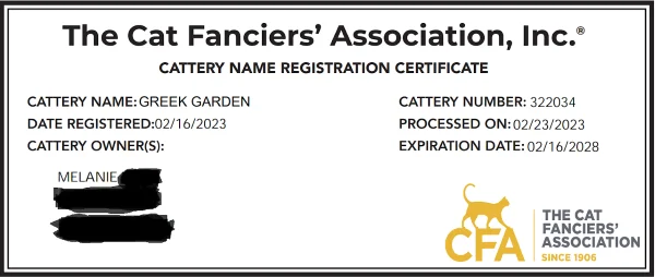 Cattery Registration Certificate CFA. Maine Coon breeder in Utah with certifications ensuring health and care standards.